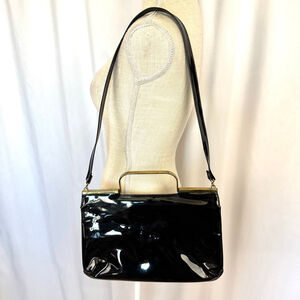 Vintage 50s Black Patent Purse Handbag Crossbody Mod Mid-Modern Century Rare
